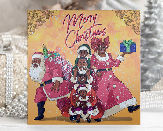 Afrocentric Black Family, Father Christmas & Mrs Claus Christmas card