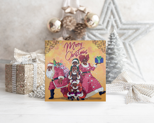 Afrocentric Black Family, Father Christmas & Mrs Claus Christmas card
